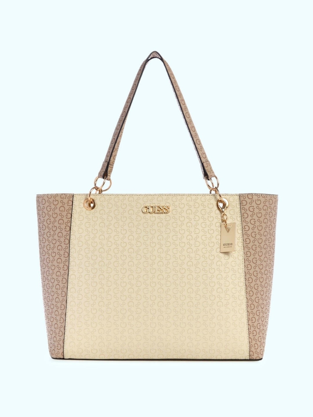 GUESS Cream & Taupe Logo-Print Tote with Gold Hardware
